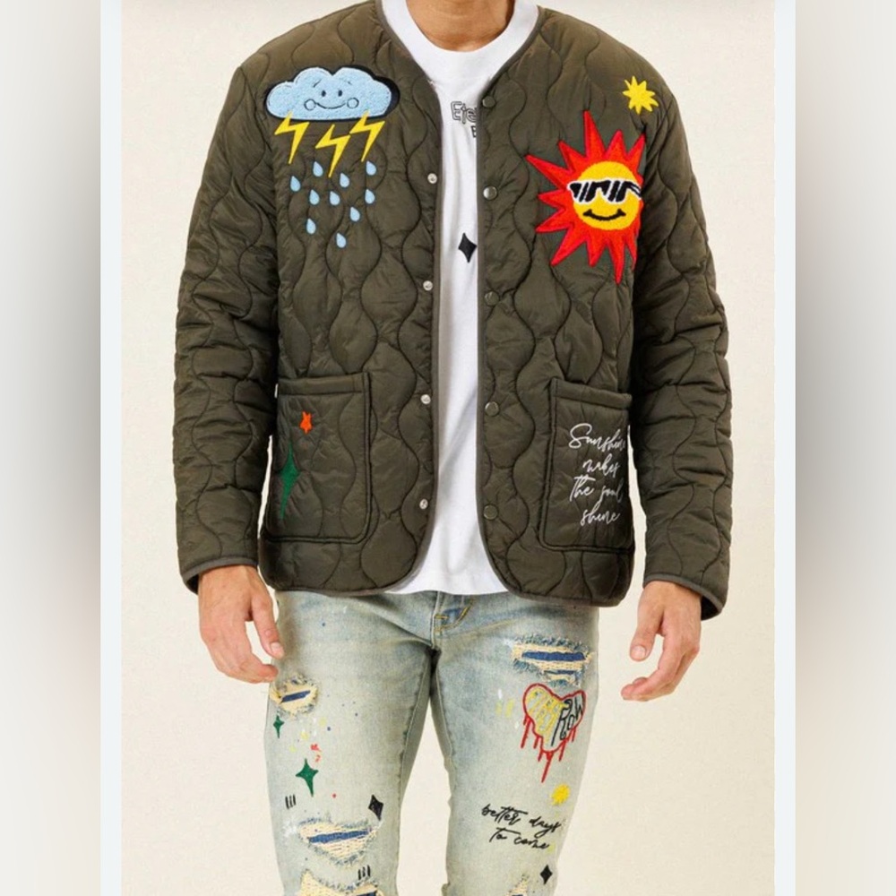 First Row Unisex Olive Green Quilted Jacket with Fun Patches, Size Large